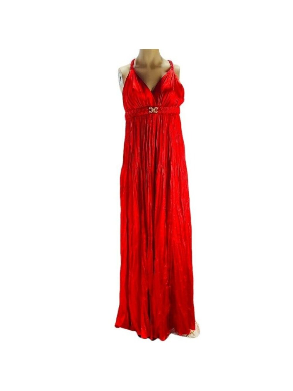 Mac Duggal Red Satin Empire Maxi Dress With Braided Straps